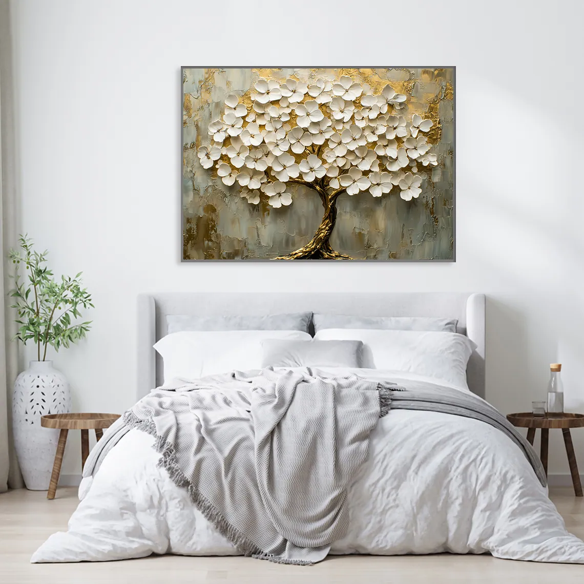 Cuadro de flores doradas en un dormitorio