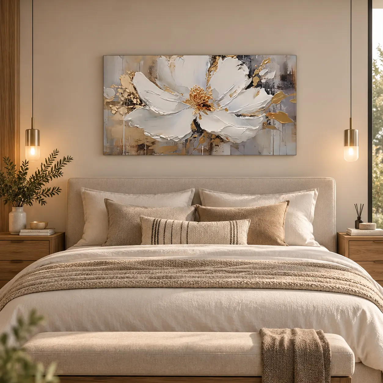 Dormitorio cálido con un cuadro de una flor blanca con detalles dorados sobre el respaldo de la cama