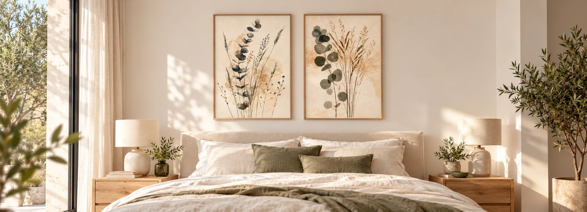 Dormitorio luminoso en tonos crema con un set de dos láminas botánicas de eucalipto y espigas, con marco de madera natural, sobre la cama