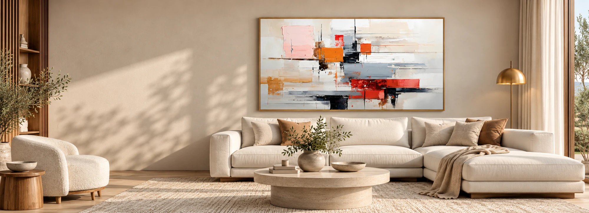 Living cálido con un gran cuadro abstracto en rosa, naranja, rojo y gris con marco de madera sobre un sofá esquinero crema