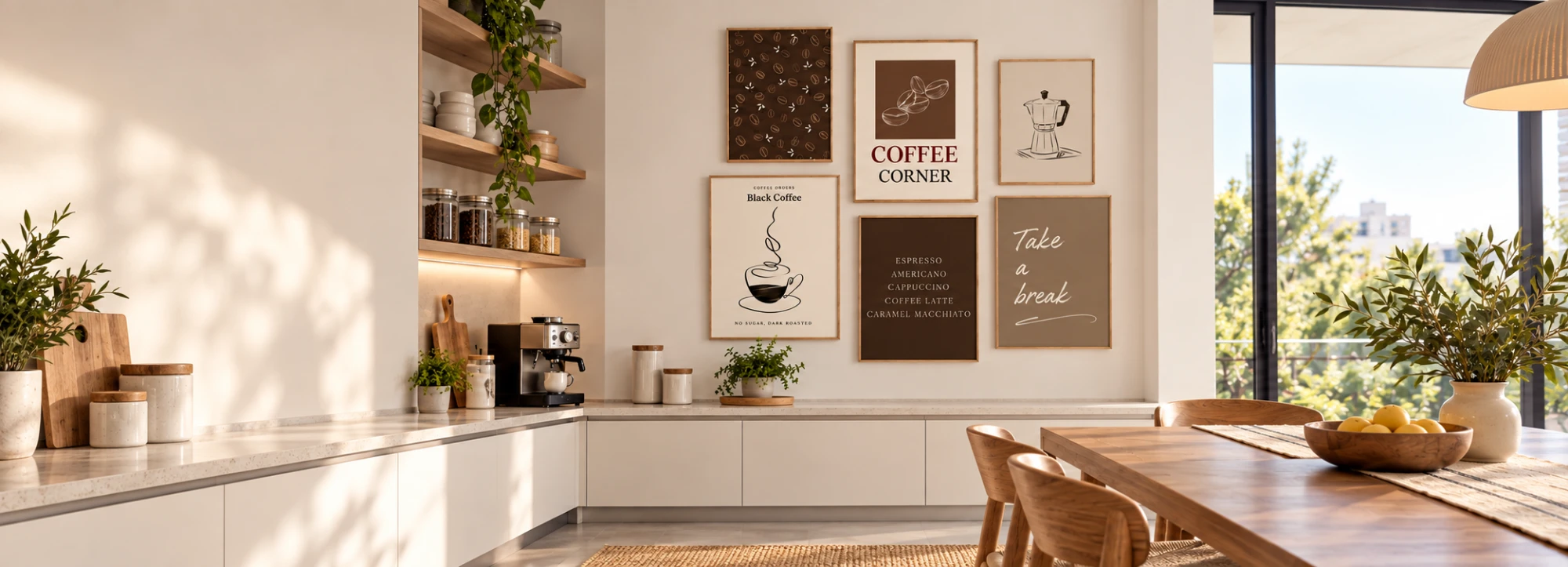 Cocina comedor con una composición de seis láminas de café en marrón y crema, con marcos de madera