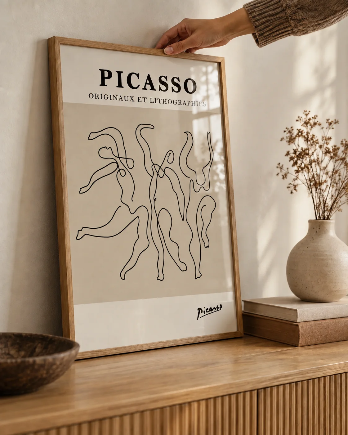 Lámina de Picasso con tres bailarinas en línea negra sobre fondo beige, con marco de roble y vidrio, apoyada sobre un aparador