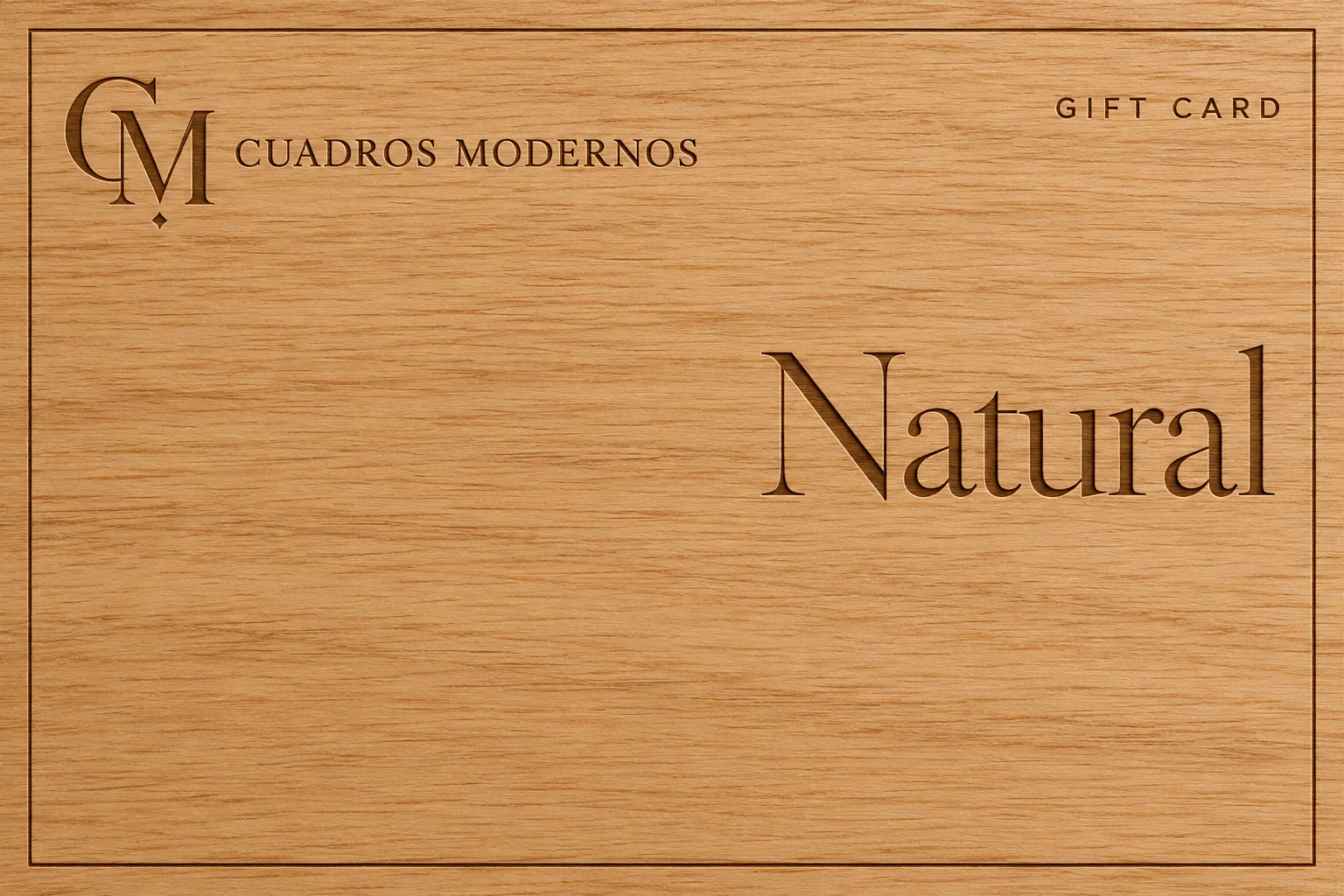 Gift card Natural, en madera de roble clara con letras marrones