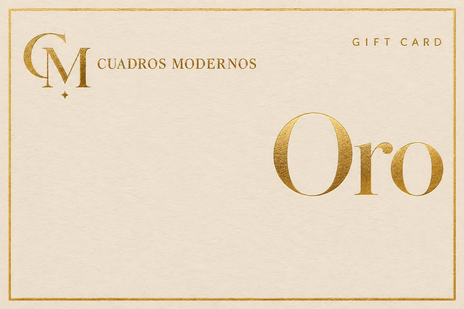 Gift card Oro de Cuadros Modernos, en papel color arena con letras en dorado