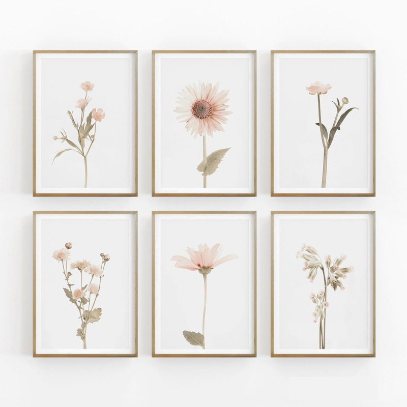 Set de 6 cuadros con flores en un ambiente