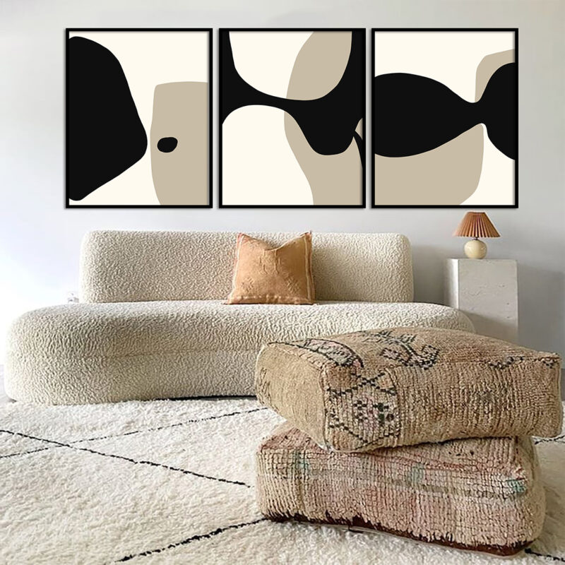 3 cuadros abstractos en tonos neutros