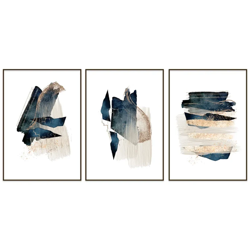 Set de 3 cuadros abstractos en un ambiente